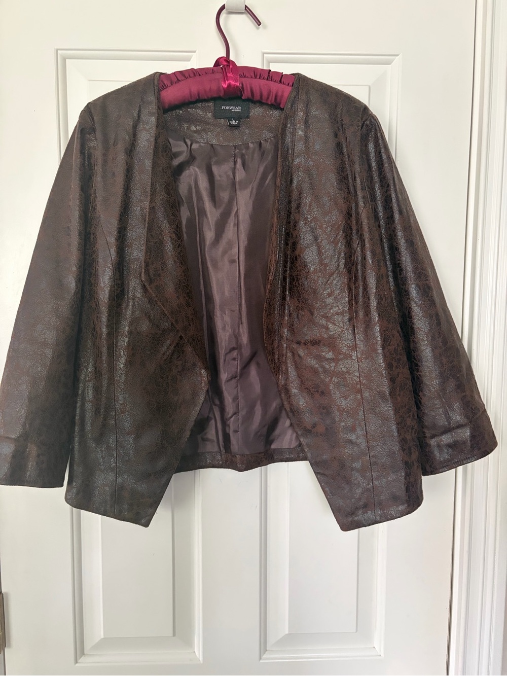 Vintage dark brown, open-front faux light weight leather jacket